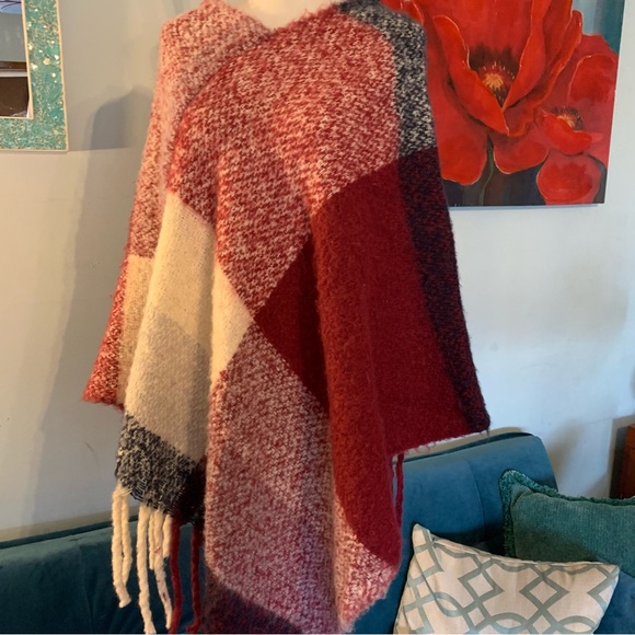 TAHARI Fringed Pullover Check Plaid Blanket Poncho OS S, M, L - Picture 2 of 5